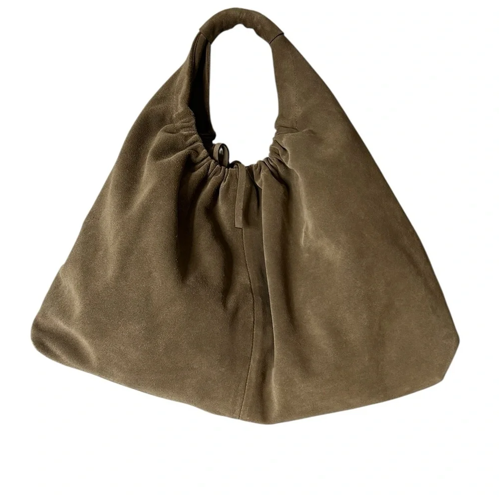 Closed Golden Wood Suede Hobo Bag Slouchy Minimalist Luxury Shoulder Bag